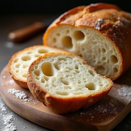 A close-up of a crusty sourdough loaf, sliced, on a wooden board.