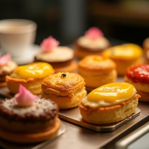 A display of delicate pastries including golden croissants, colourful eclairs, and fresh fruit tarts.